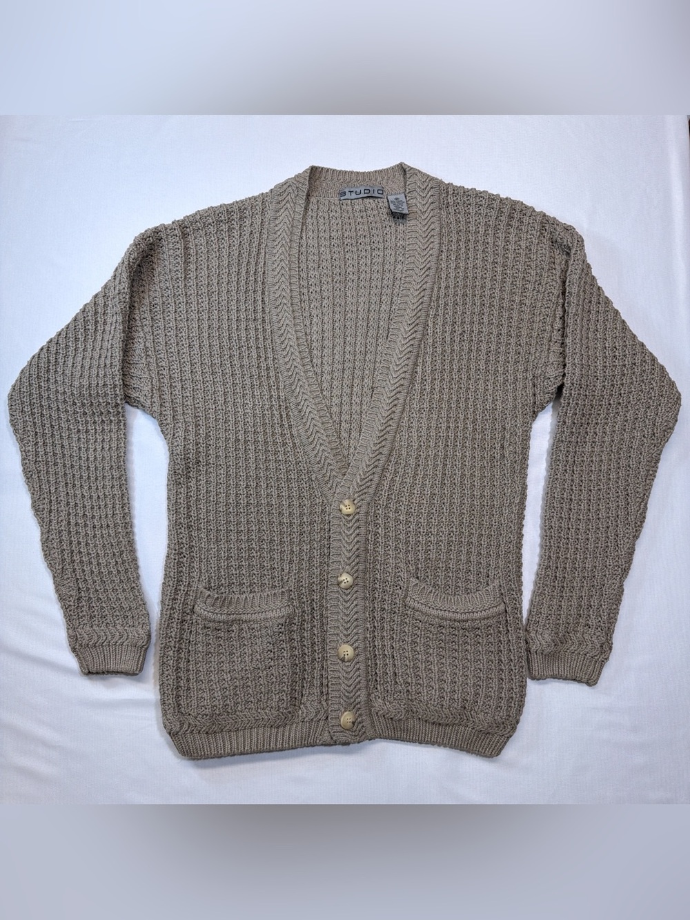 Studio Taupe Knit Women’s Linen Blend Knit Cardigan with Front Pockets Size M